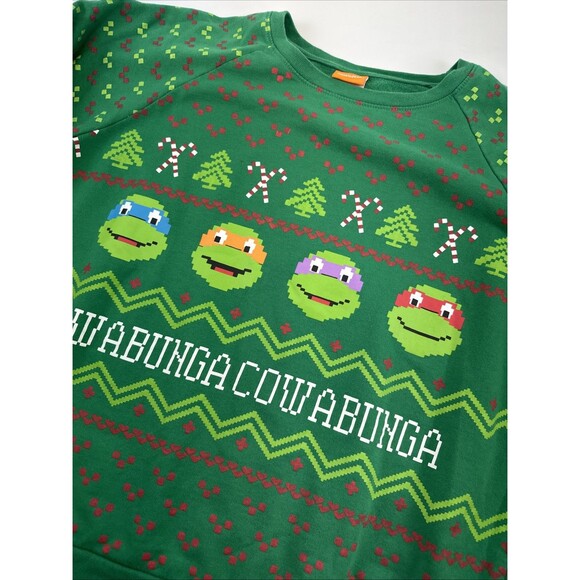 Nickelodeon TMNJ Cowabunga Christmas Sweatshirt Crewneck Pullover Green Womens L - Picture 3 of 10